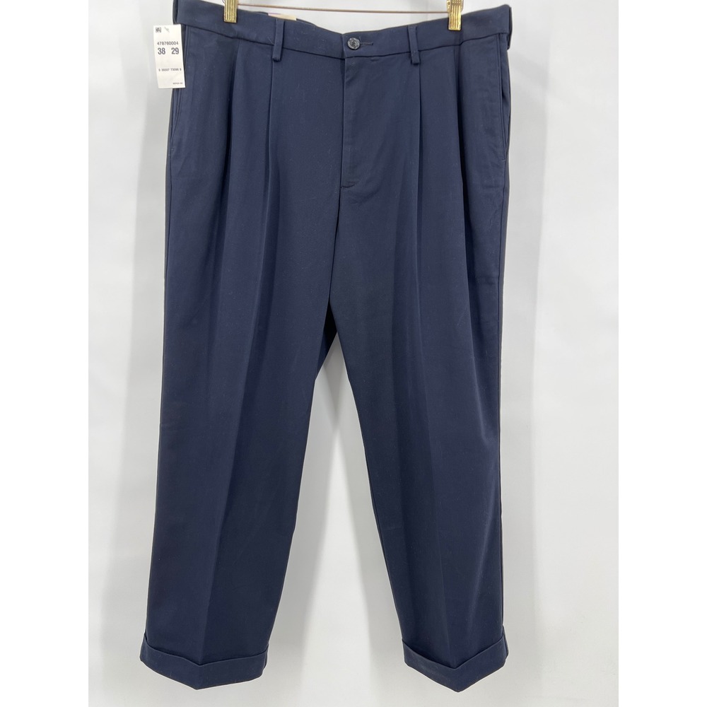 Dockers Pants Navy Men 38x29 Signature Cuffed Relaxed Fit Comfort Khaki-Pleated